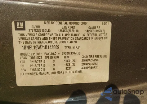 2001 Chevrolet Astro Ls from USA, damaged, VIN 1GNEL19W71B143809